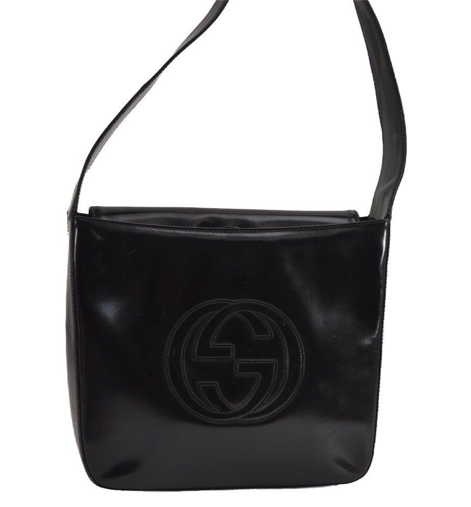 Authentic GUCCI Vintage Shoulder Hand Bag Purse Enamel Black Junk 2686J