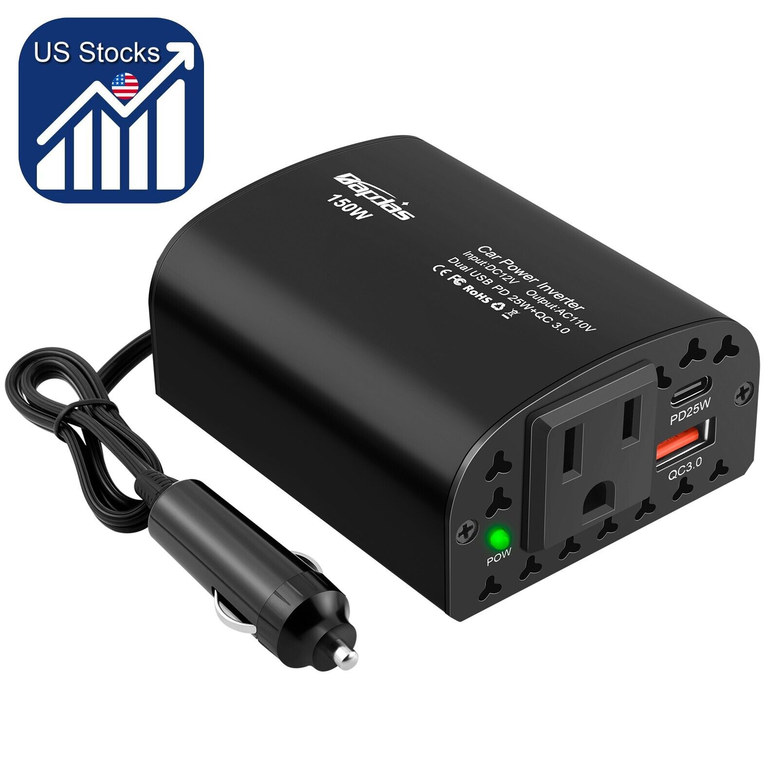 150W Car Power Inverter  12V to 110V Car Plug Outlet Adapter with PD 25W USB C