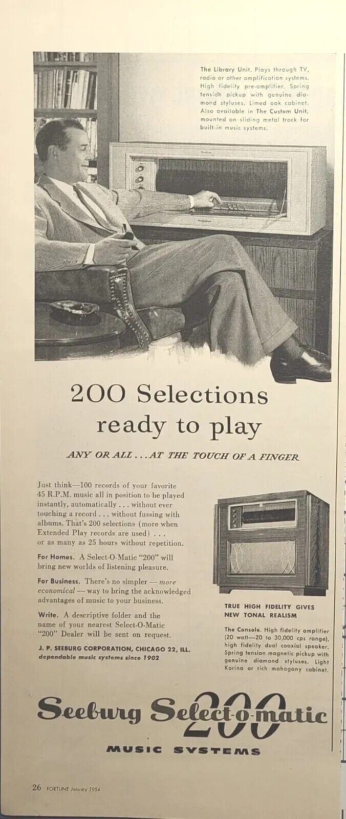 Seeburg Select-o-matic Console 45 R.P.M. Record Player Vintage Print Ad 1954
