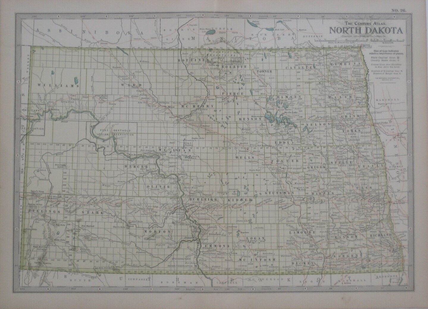 Original 1902 Map NORTH DAKOTA Indian Reservations Bismarck Jamestown Railroads