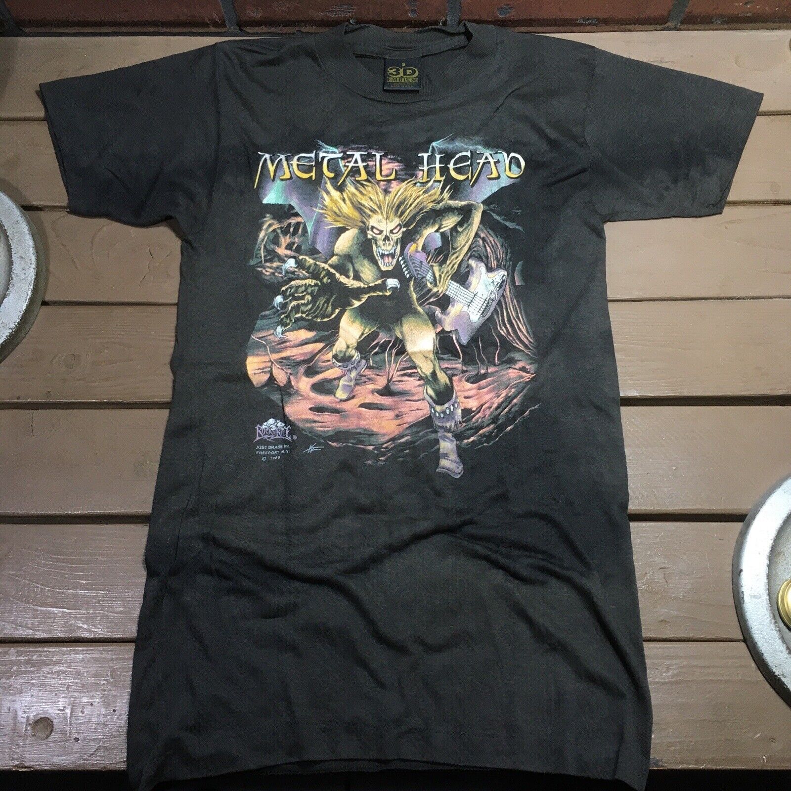 Vintage 1989 3D Emblem Metal Head Rock T-Shirt Size Small USA MADE Single Stitch