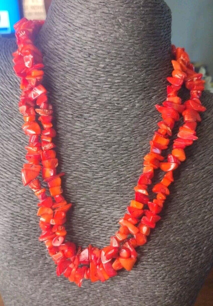 Beautiful  Vintage ATI Sterling Silver 925  Red Coral 2 Strand 18 Inch Necklace