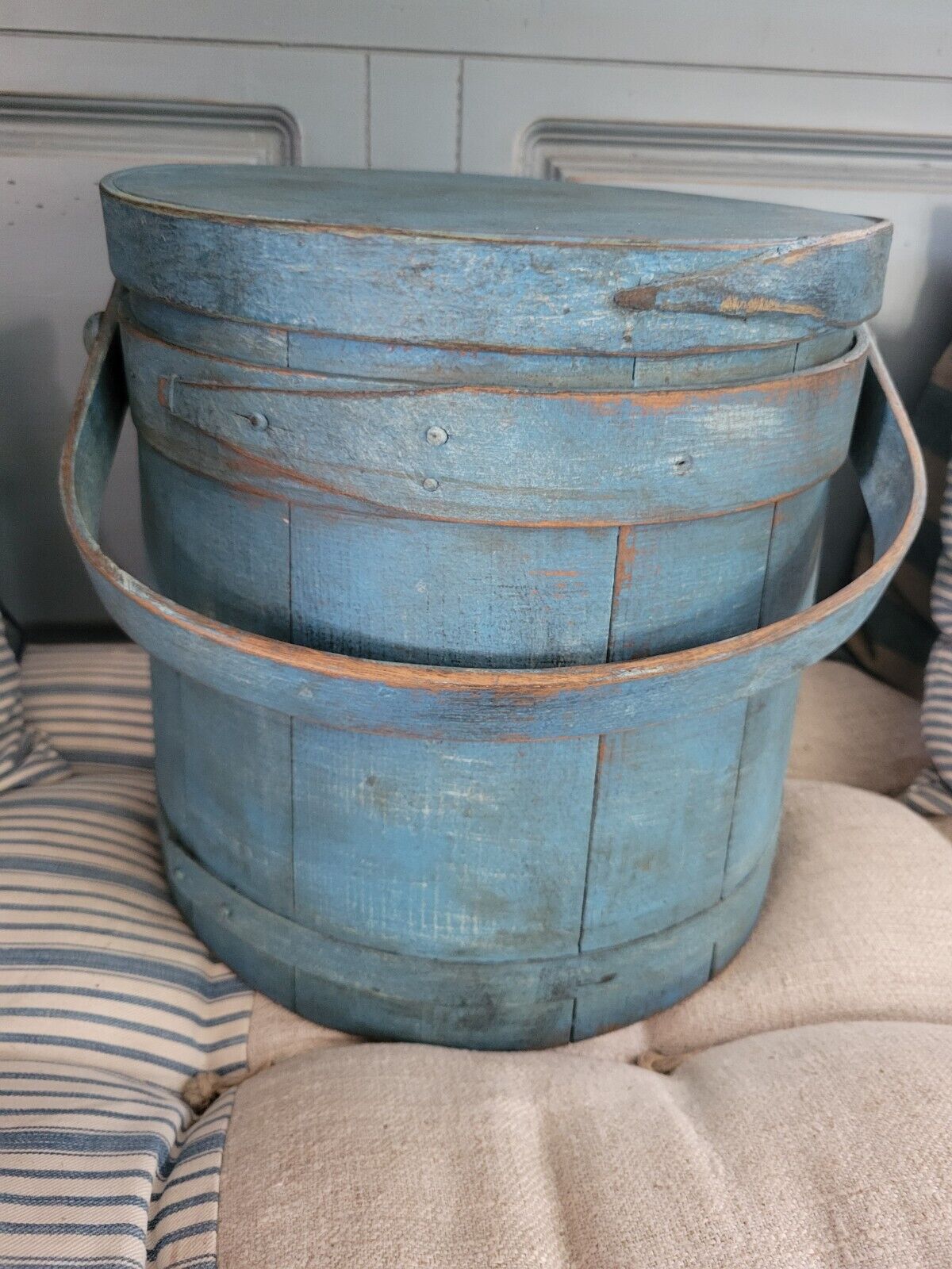 Early Primitive Wooden Firkin Sugar Bucket In Blue