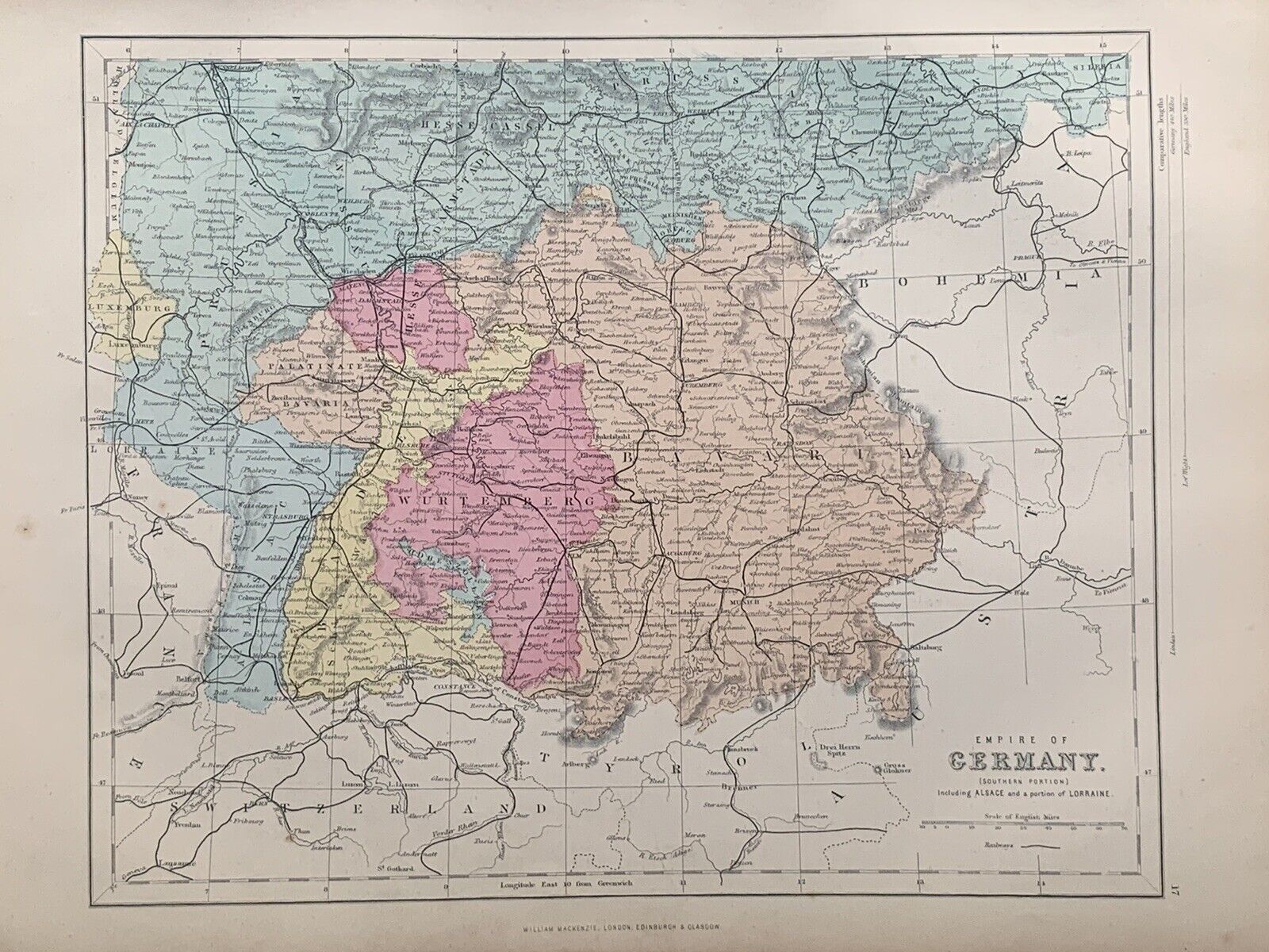 1871 South Germany With Alsace Lorraine Hand Coloured Map by Joshua Archer