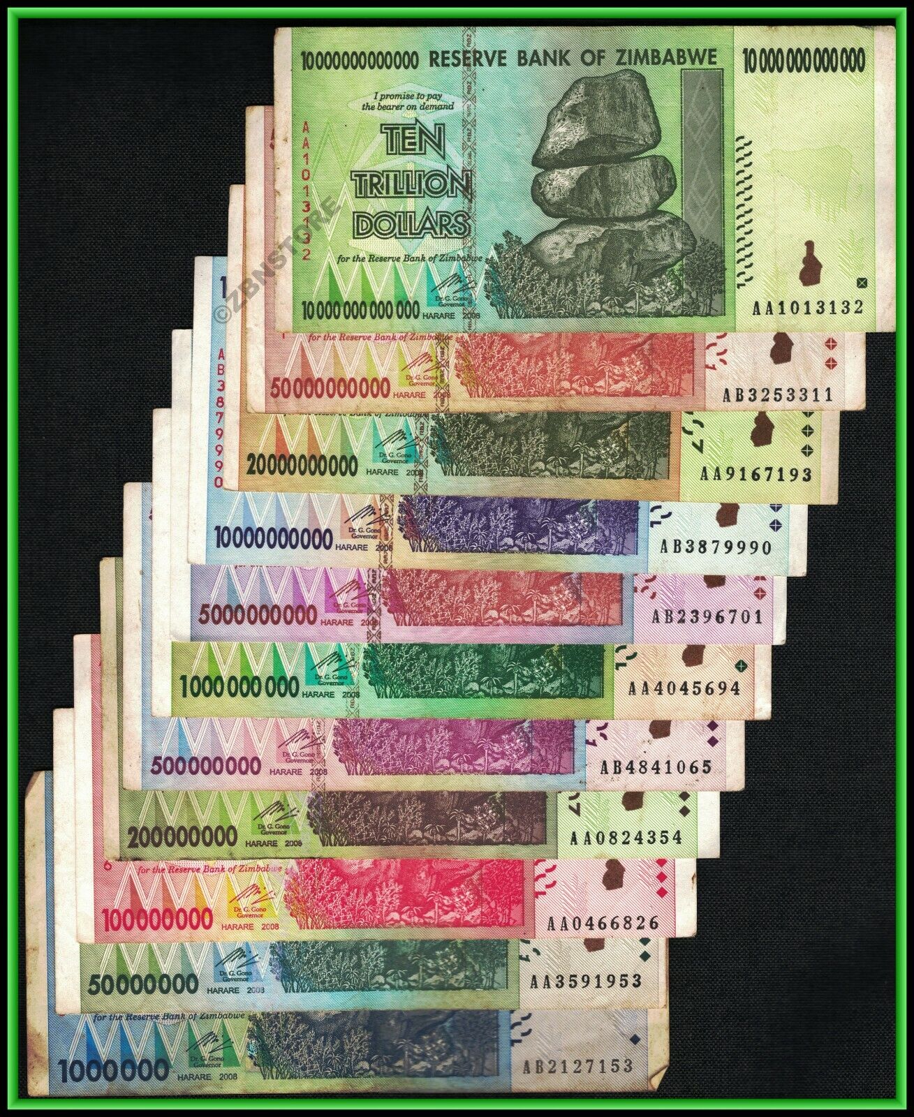 1 Million - 10 Trillion Dollars Zimbabwe 2008 AA AB Banknote Set 100 % Authentic