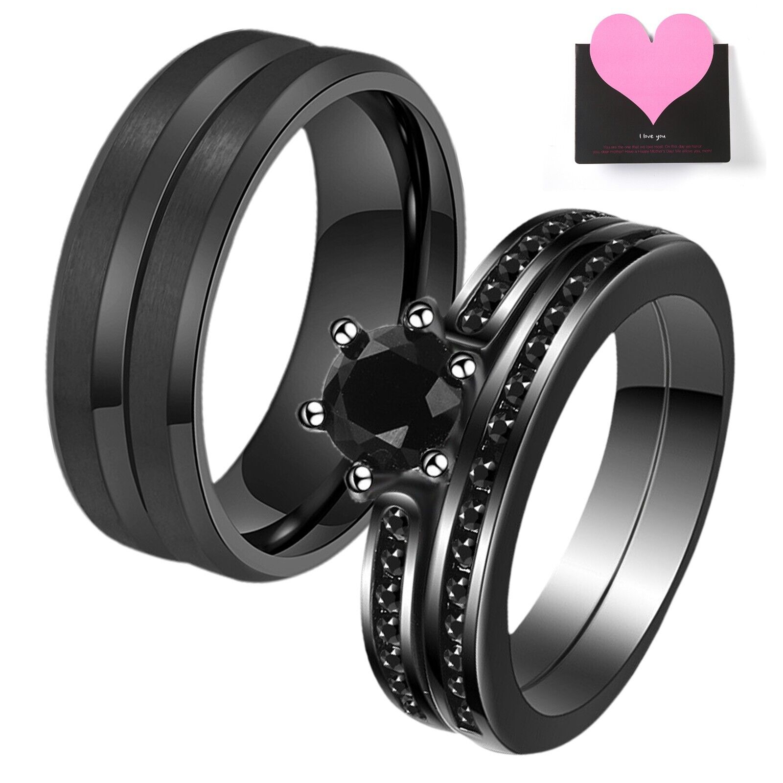 Couples His&Hers Stainless Steel Ring Set Cubic Zirconia Stacking Wedding Band