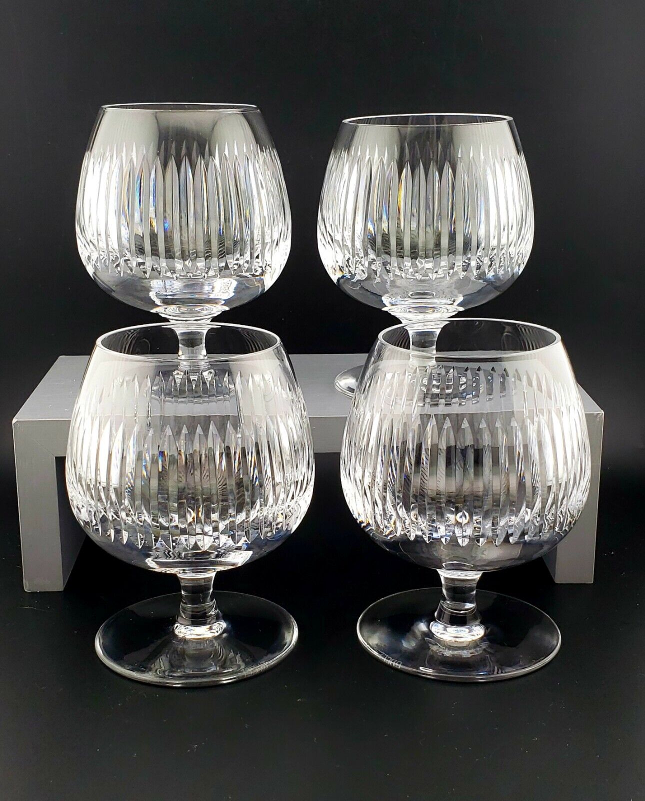 Gucci Crystal Set Of 4 Brandy Snifters Glasses Vertical Cut Design Etched Signed