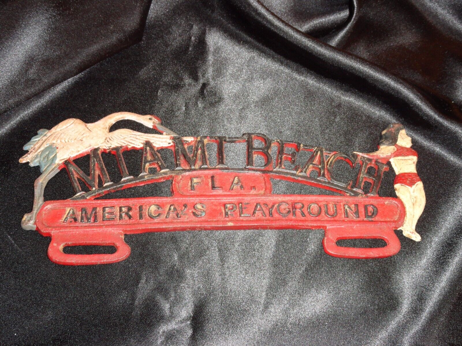 Cast Iron License Plate Topper MIAMI BEACH FLA. America\'s Playground VINTAGE 50s