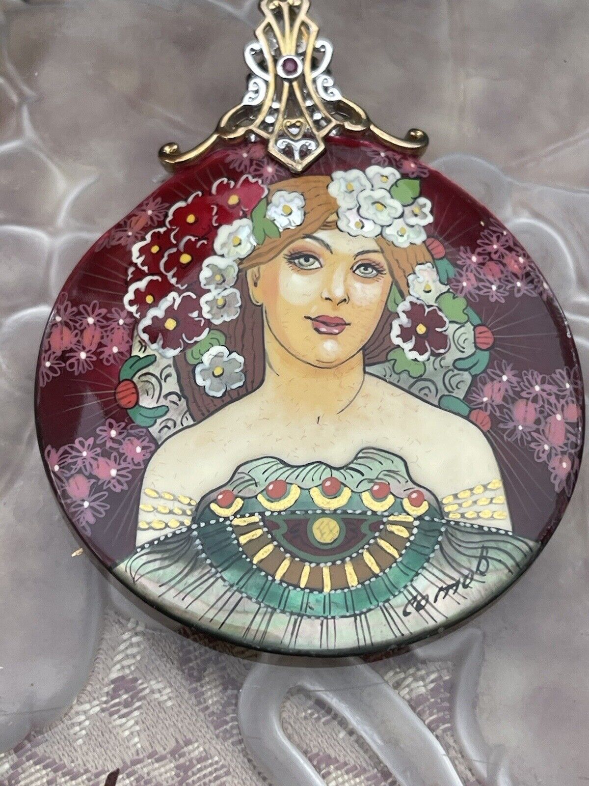 Gems en Vogue Hand-Painted Shell Maiden Dreamer Pendant Ruby Sterling Palladium