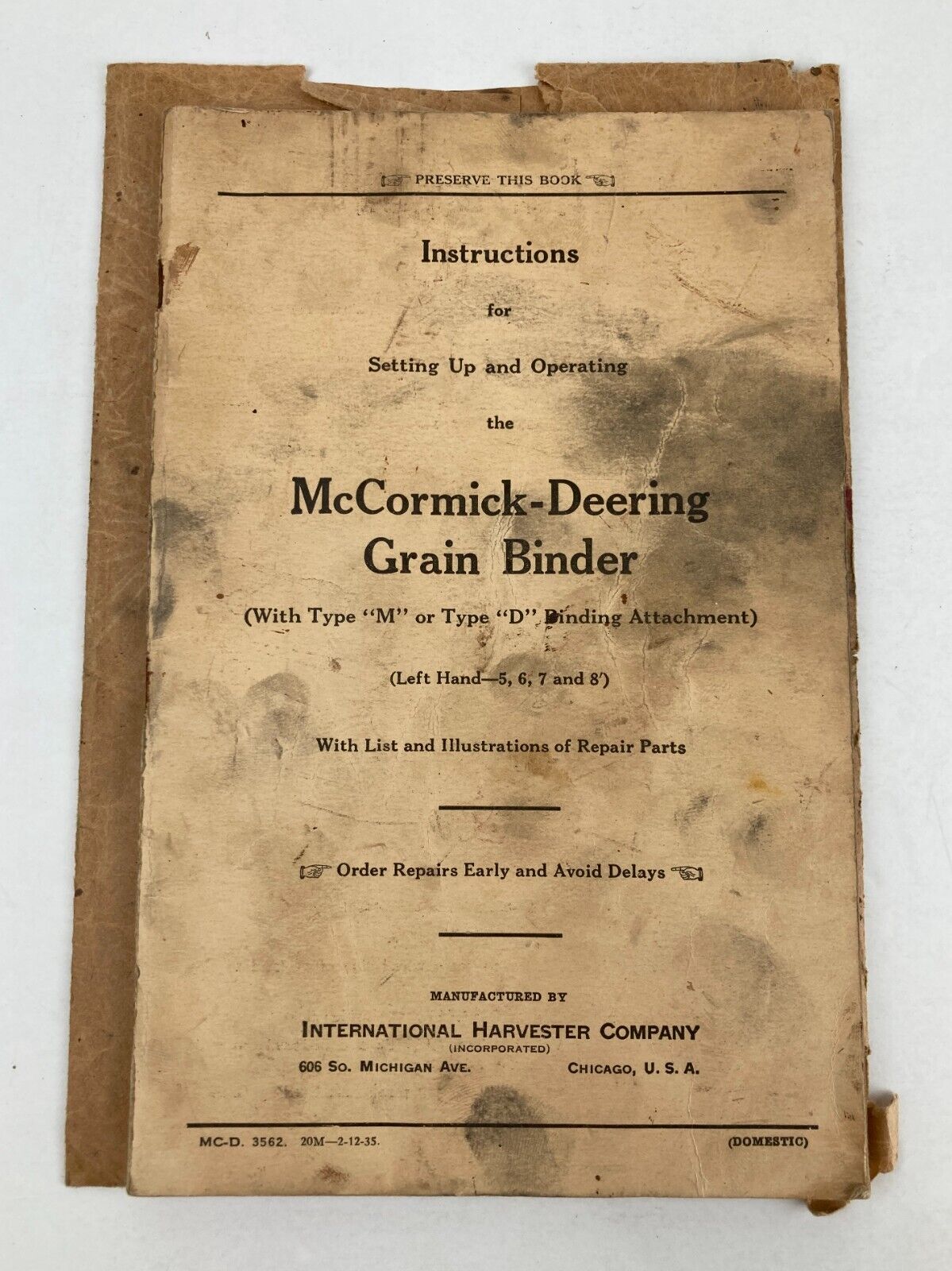 IH McCormick-Deering GRAIN BINDER Type M D Set Up Operating Manual 1935 ORIGINAL