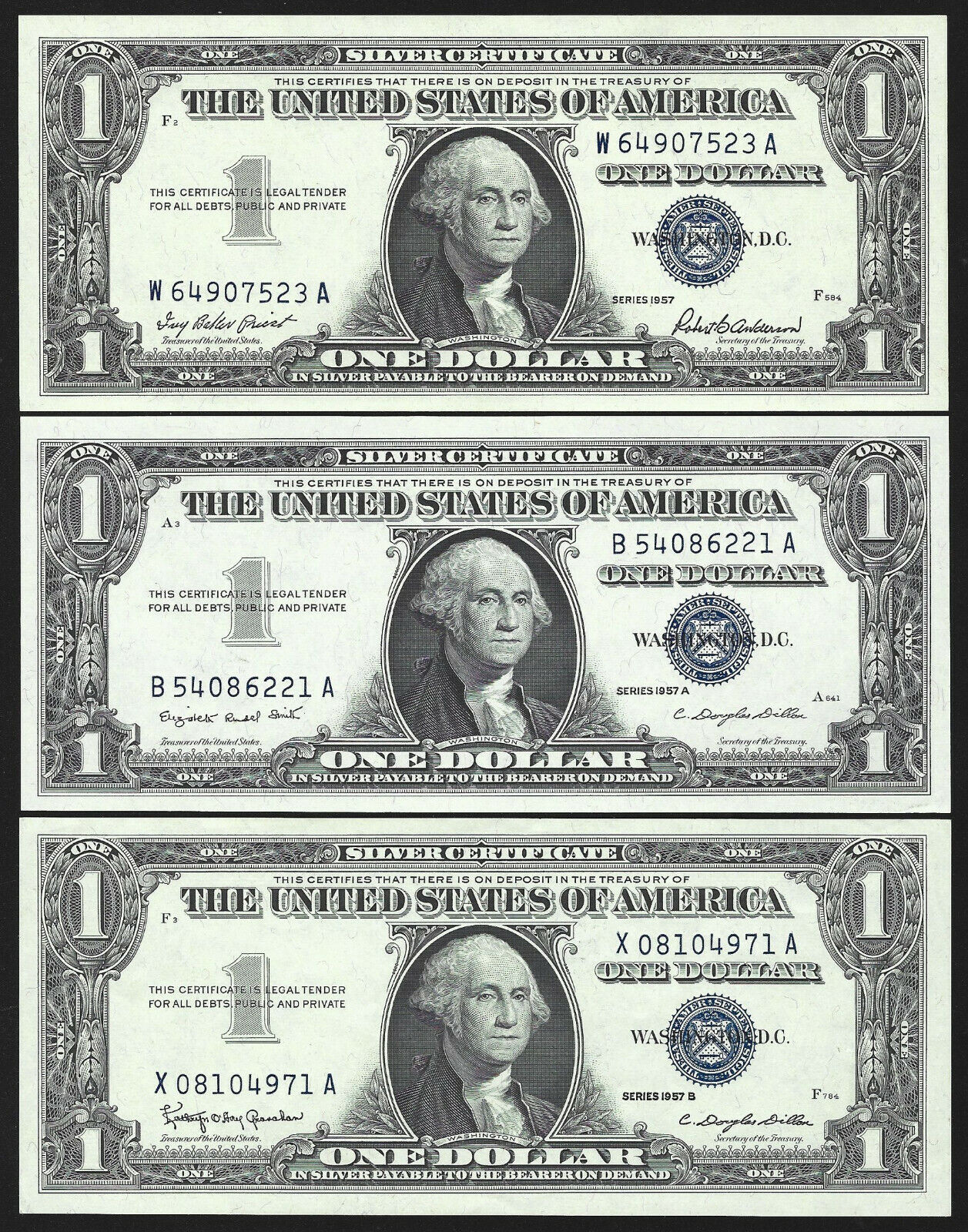 (3 ) $1 SILVER CERTIFICATES COMPLETE SET OF 3 = GEM UNCIRCULATED = 1957, A & B