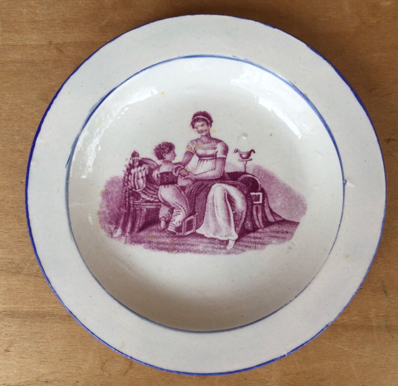 Antique Miniature 4” Staffordshire Plate Mother/Child, c1820
