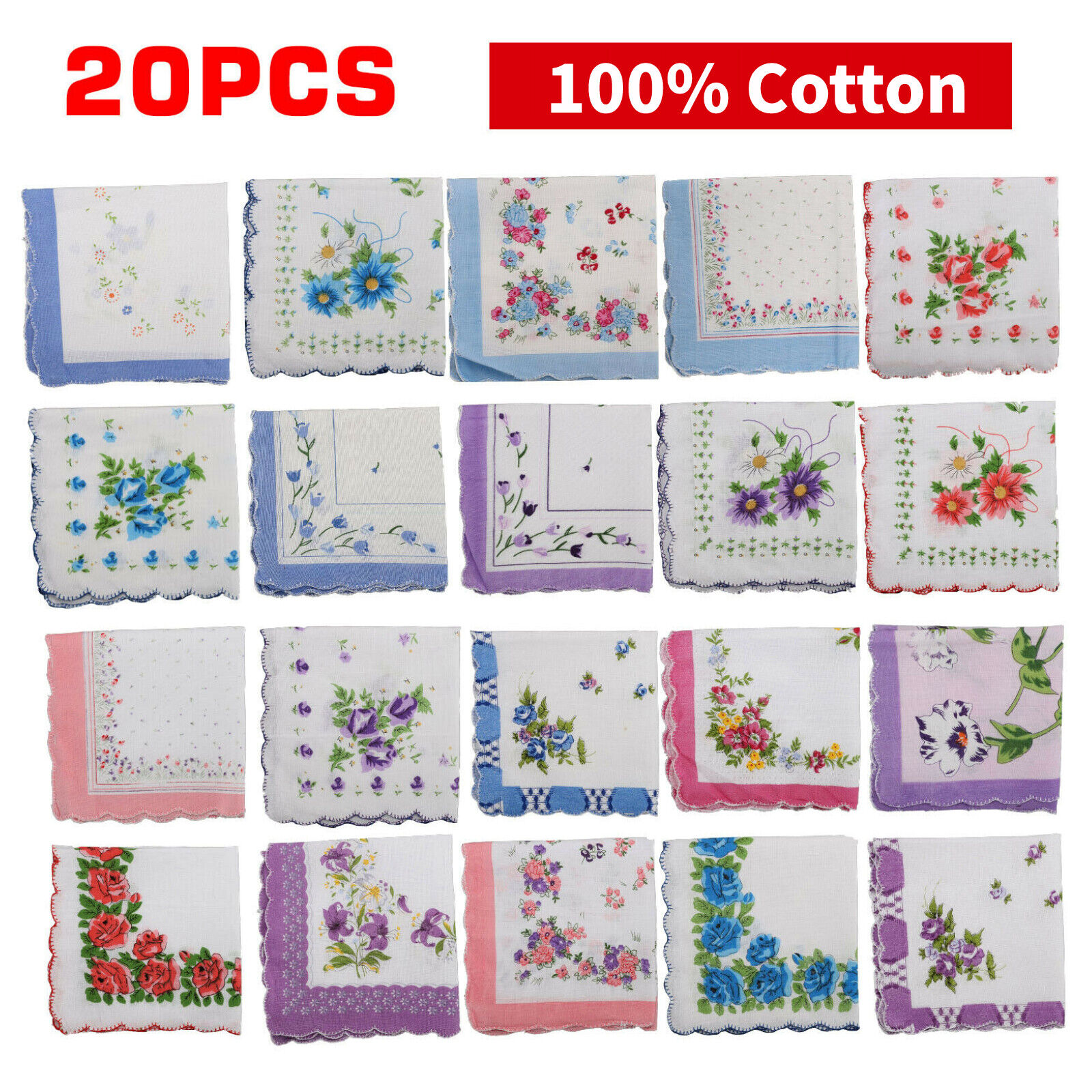 20PCS Lady Handkerchiefs 100% Cotton Hankies Pocket Vintage Classic Handkerchief