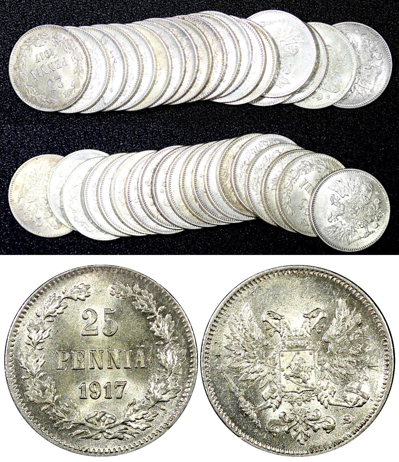 Finland Nicholas II Silver 1917 S 25 Pennia UNC  KM#6.2 RANDOM PICK (1 Coin)
