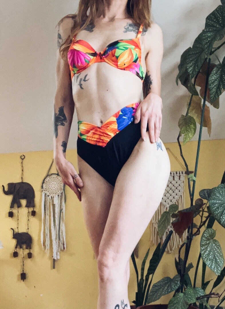 Vintage 90s Swimsuit Bikini 2 Piece Tropical V High Rise Underwire Beach Summer