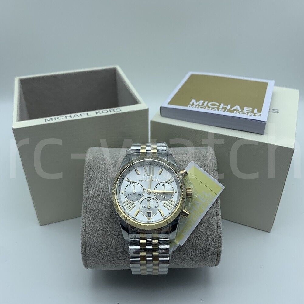 New Michael Kors MK5955 Lexington 38mm Silver Chronograph Two Tone Women\'s Watch