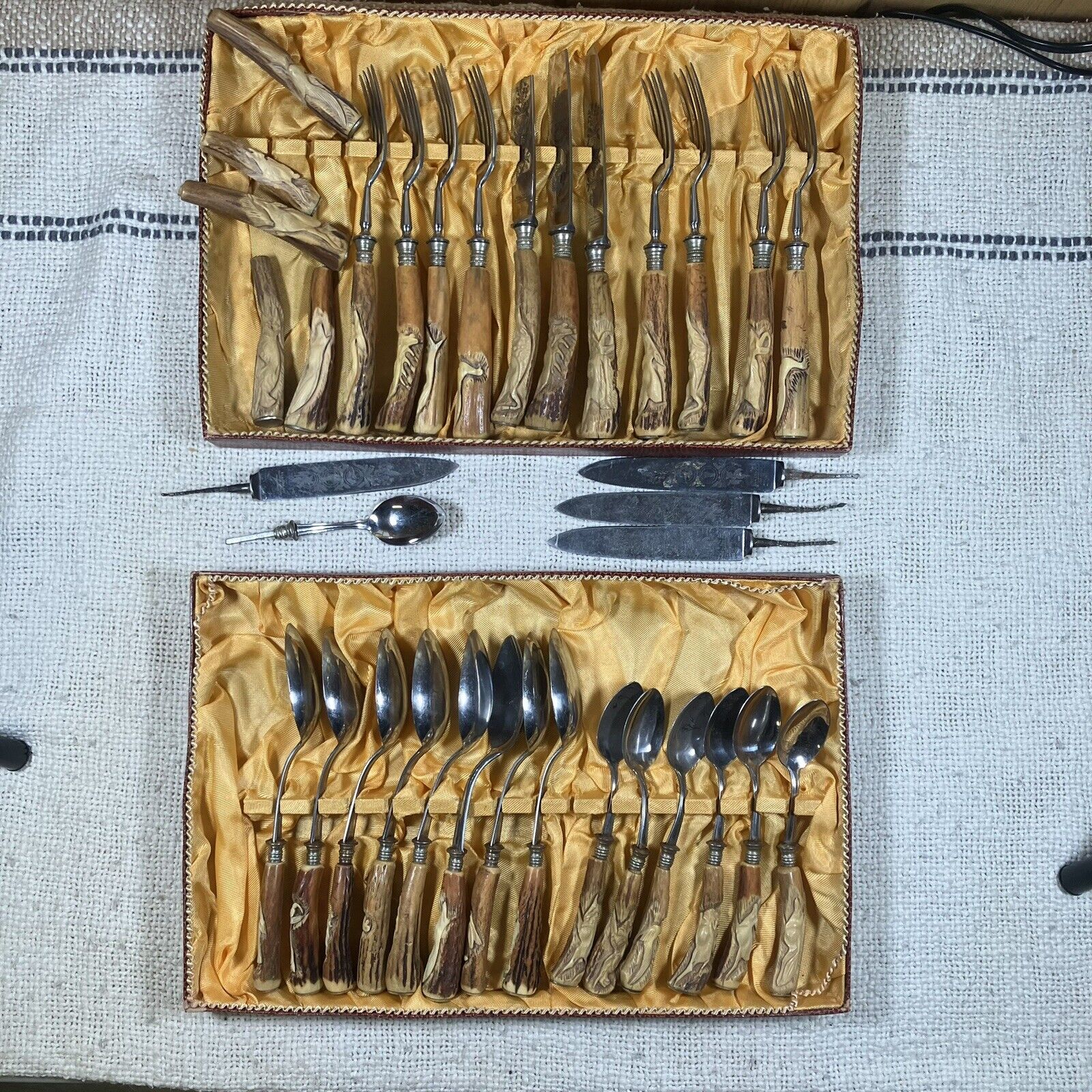 Vintage Cutlery Set KLA-TRA-SO Solingen Germany Stainless Steel Antler Handles