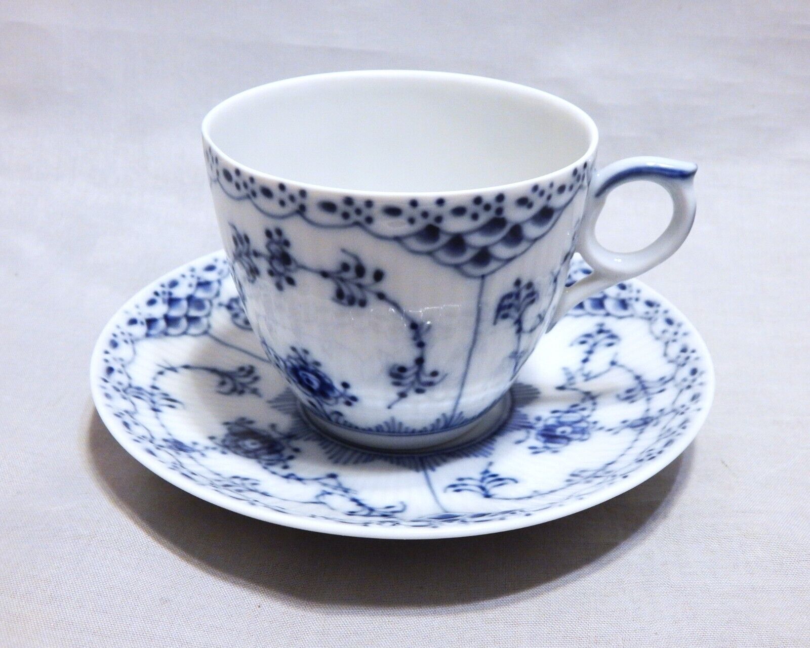 Royal Copenhagen Blue Fluted Half Lace Cup and Saucer Set