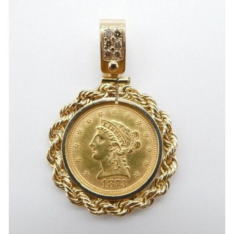 Liberty Head Quarter Eagle Coine With Rose Bezel Pandant 14 k Yellow Gold Finish