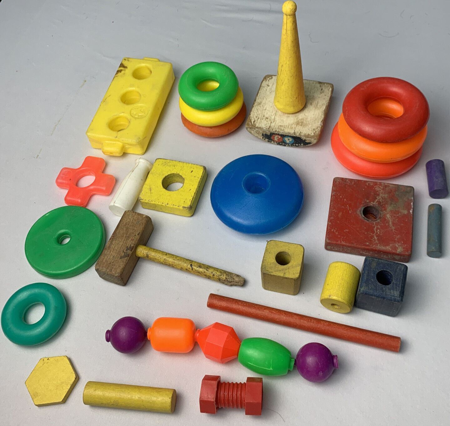 Vintage Fisher Price Wood Toy Ring Stack Rocking Base Rare Plastic Baby Toy