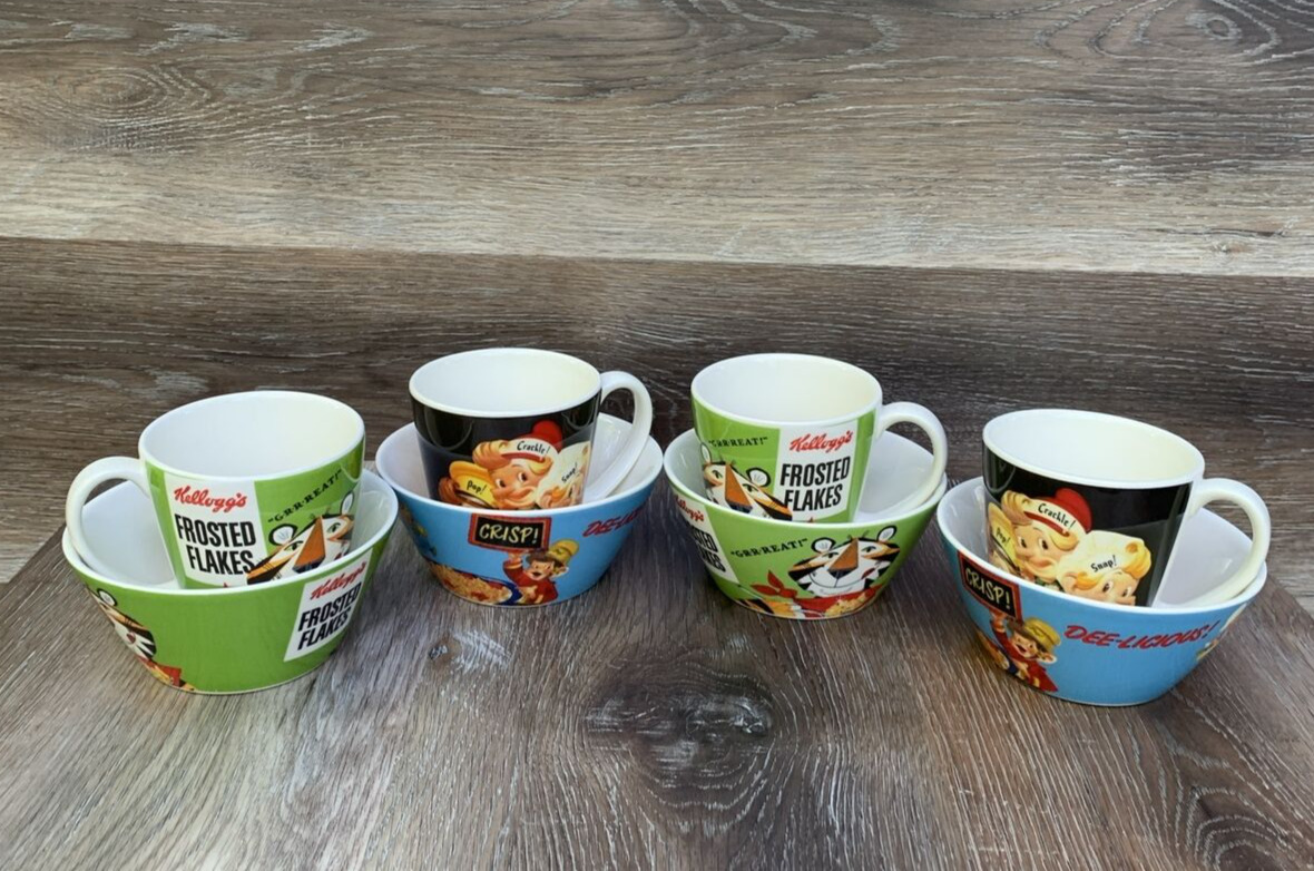 Kellogs Ceramic Cereal Bowls & Mugs Set Of 8 /4 Frosted Flakes & 4 Rice Crispies