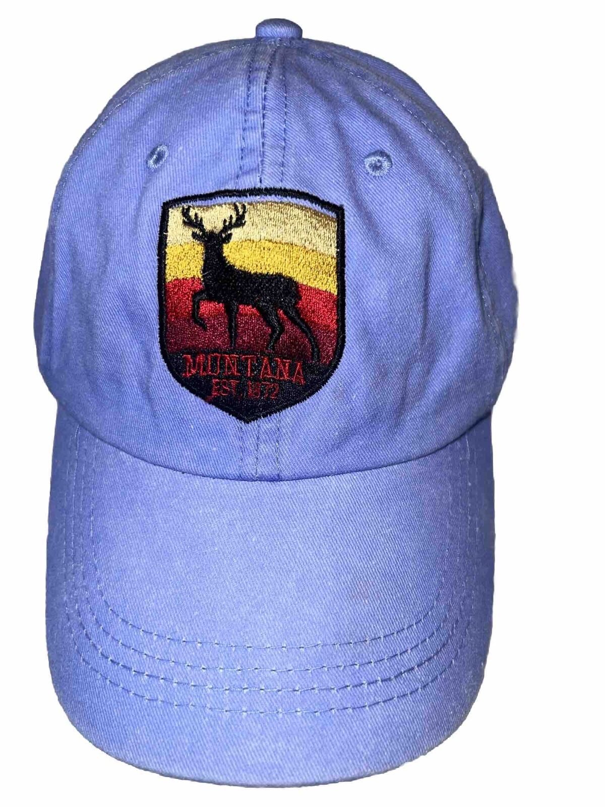Montana Patch w Elk Est 1872 on Purple Hat Cap Washed Cotton Hook Loop VGC