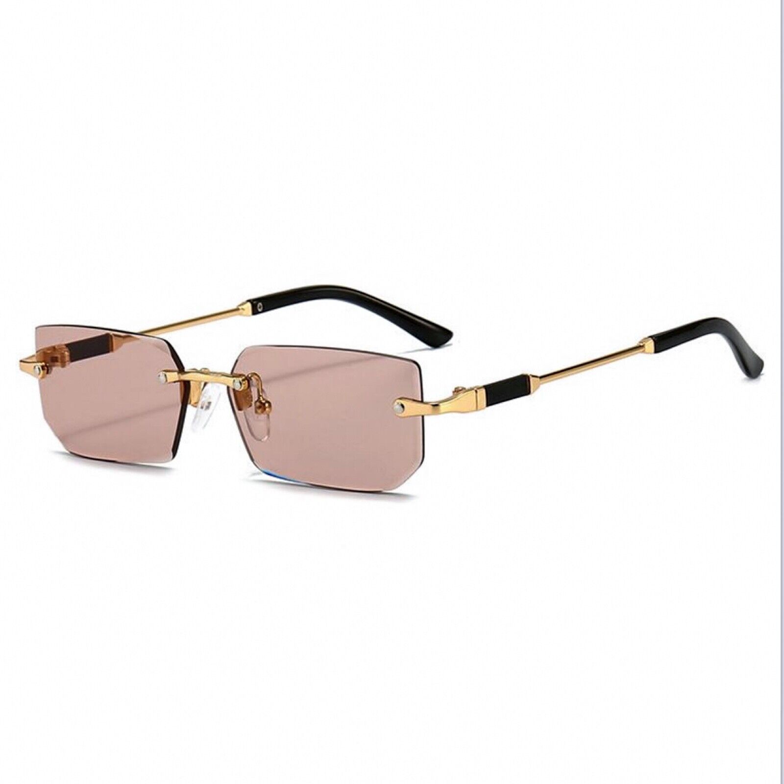 Men\'s Rimless Gold Frame Pink Gradient Tint Vintage Rectangular Sunglasses​