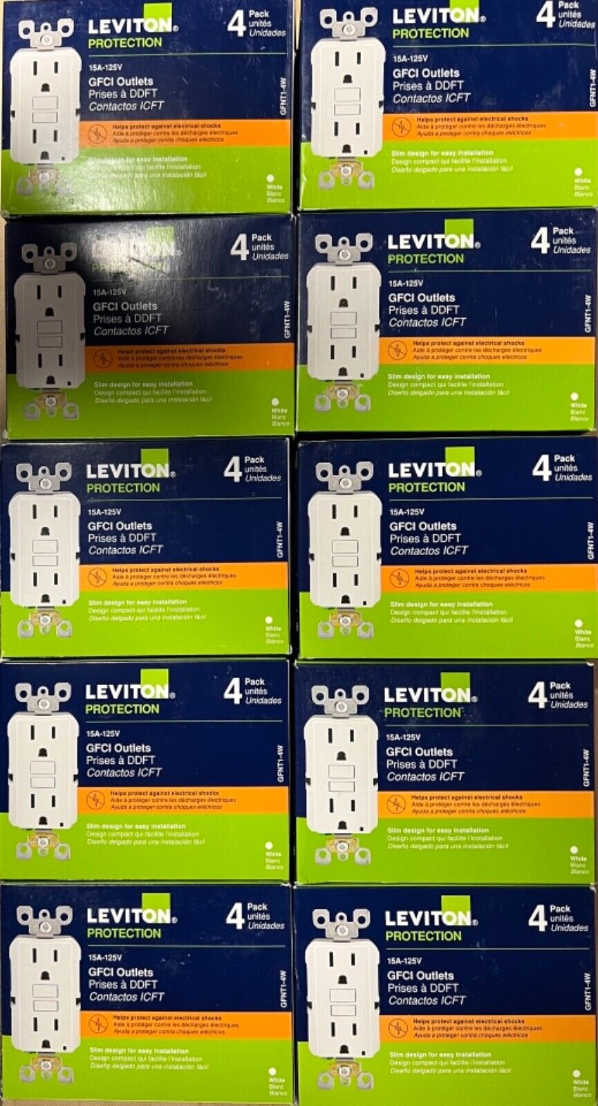 40PCS LEVITON 10-4PKS GFNT1-4W 15A GFCI WHITE (these are not tamper resistant)