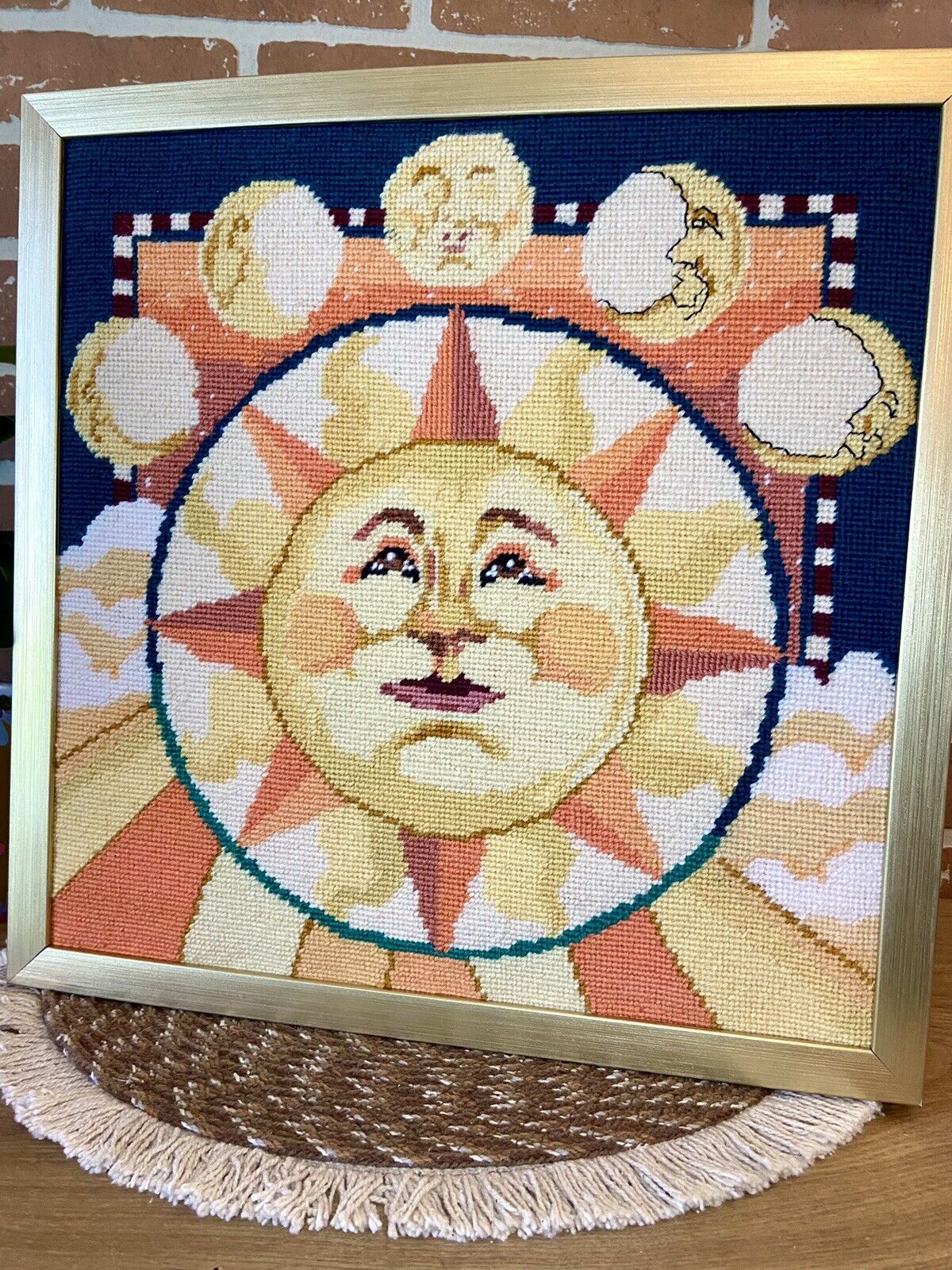 Vintage Rare Bucilla Sun Moon Crewel Needlepoint Celestial Embroidery 15” Retro