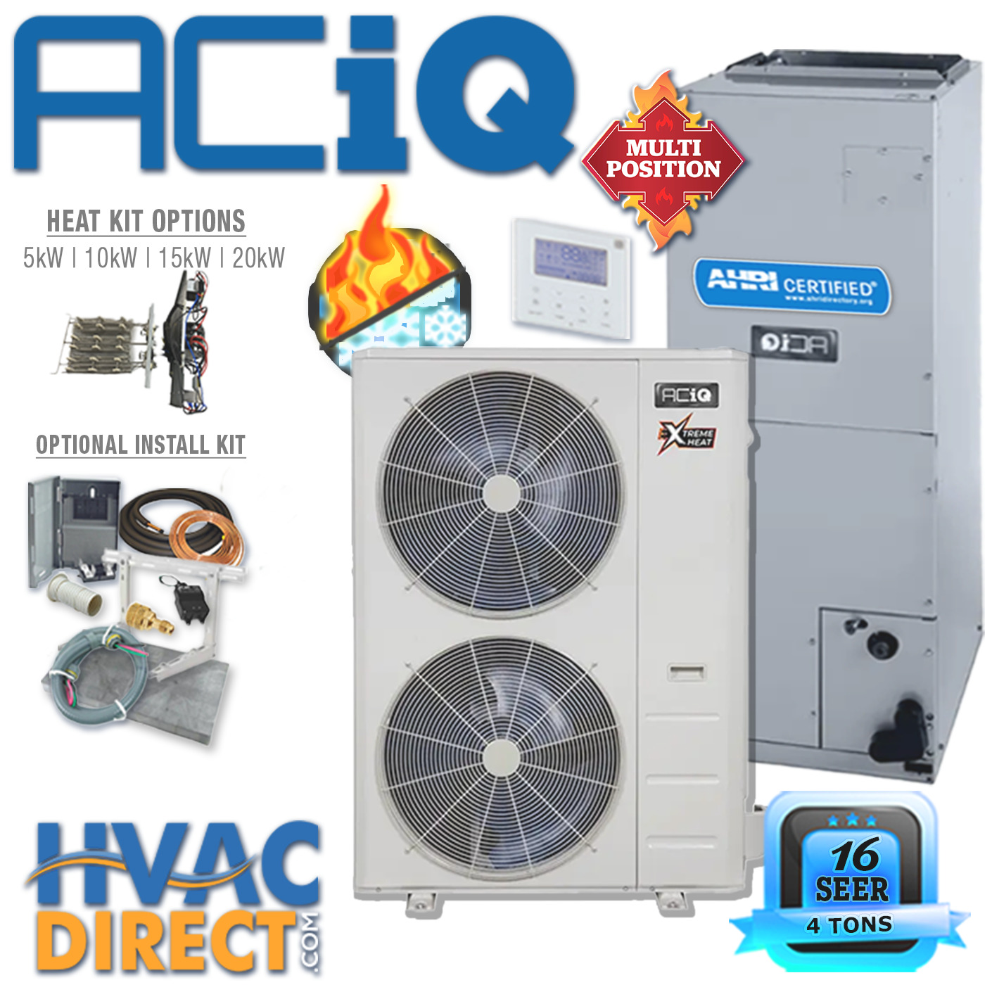 ACiQ 4 Ton Ducted Inverter Heat Pump Split System Central Air Con Kit - 16 SEER