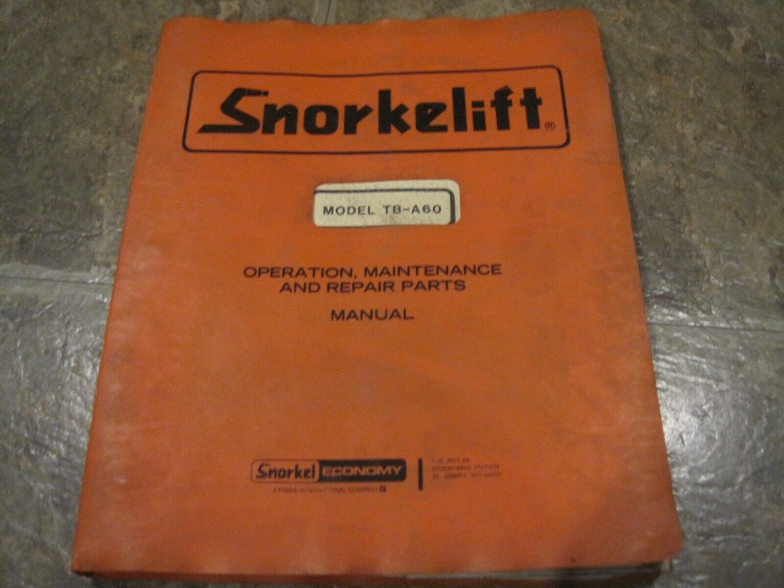 SNORKEL TB-A60  BOOM LIFT MAINTENANCE, OPERATION AND  PARTS MANUAL  TBA60 1989