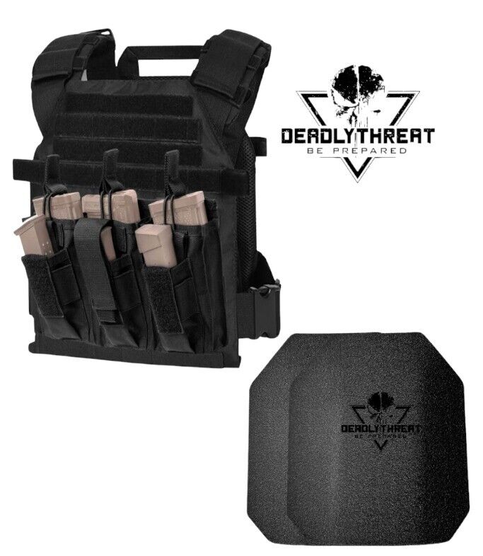 Active Shooter Black Tactical Vest Plate Carrier With Level III Armor Plates