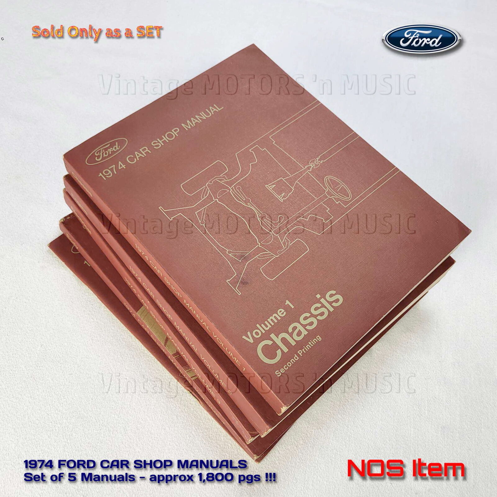 NOS 1974 Ford CAR SHOP MANUALS 2nd Printing - Set of 5 Books ~1,800 Pg EXCELLENT