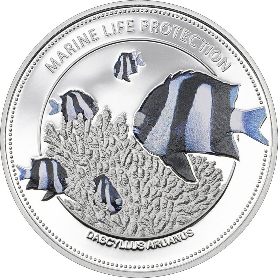 25g Silver Coin 2015 Palau Marine Life Dascyllus aruanus White Tail Damselfish