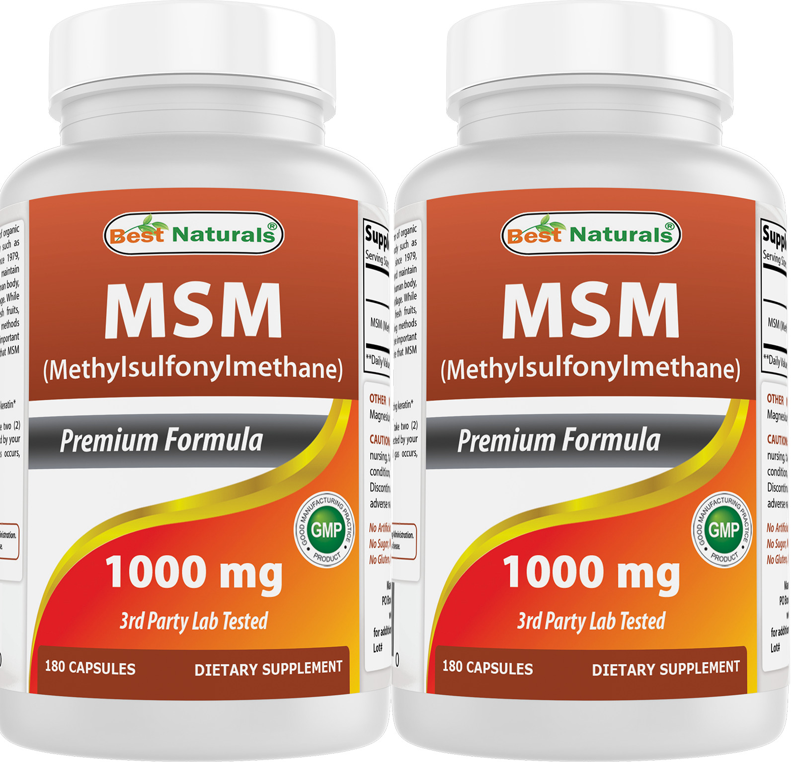 2 Pack Best Naturals MSM 1000 mg 180 Capsules