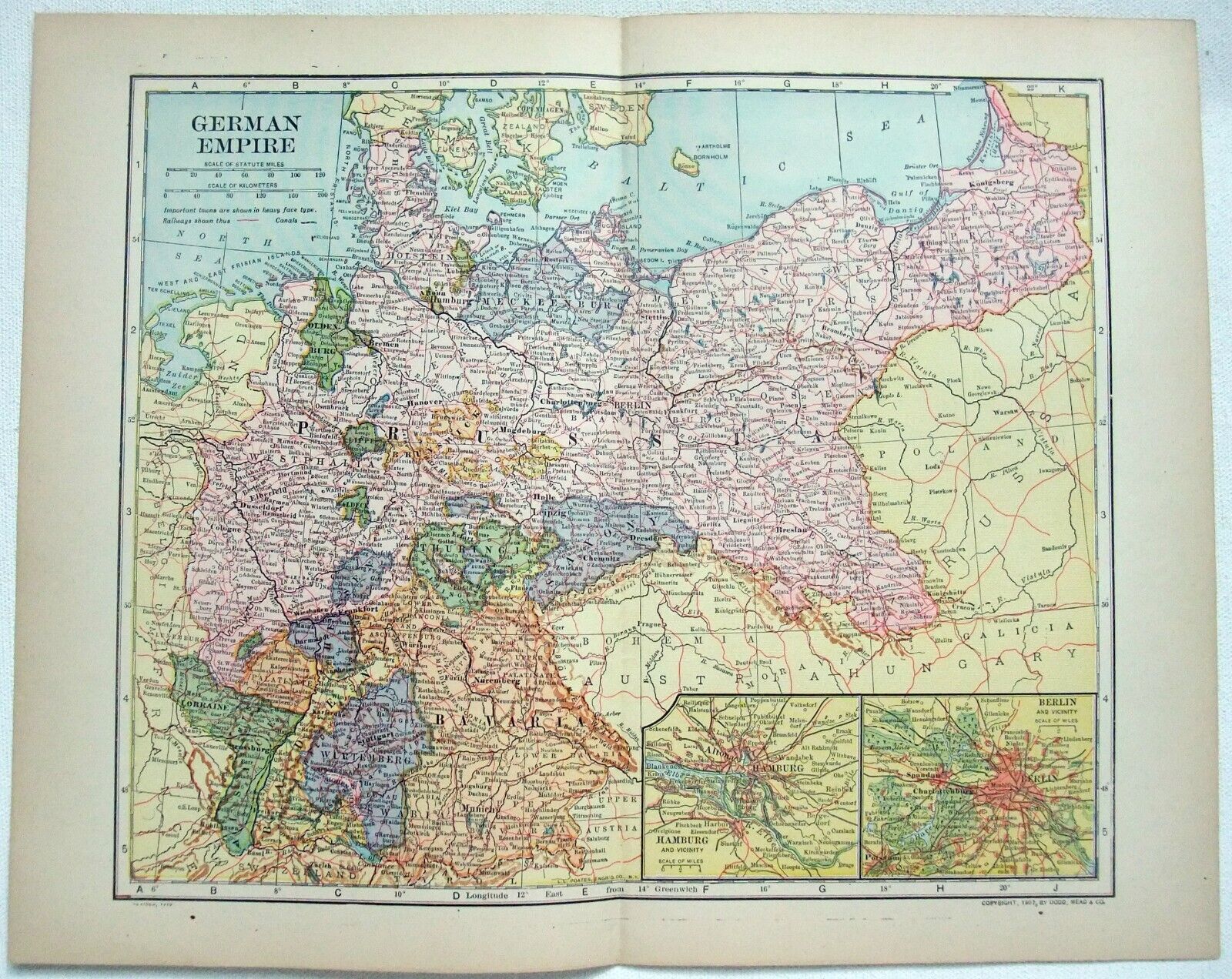 German Empire - Original 1910 Dated Map by Dodd Mead & Company. Antique