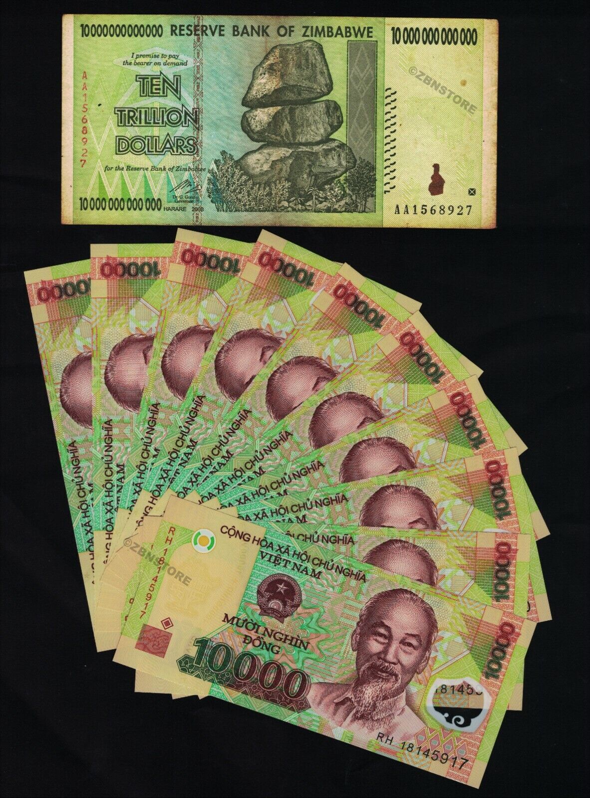 10 Trillion Zimbabwe Dollars AA 2008 + 10 x 10,000 Vietnam Dong Authentic w/ COA