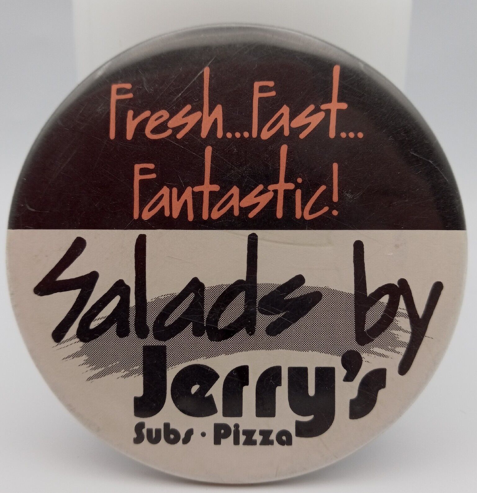 Vintage Jerry\'s Subs Pizza Pinback Button Fresh Fast Fantastic Salads Maryland