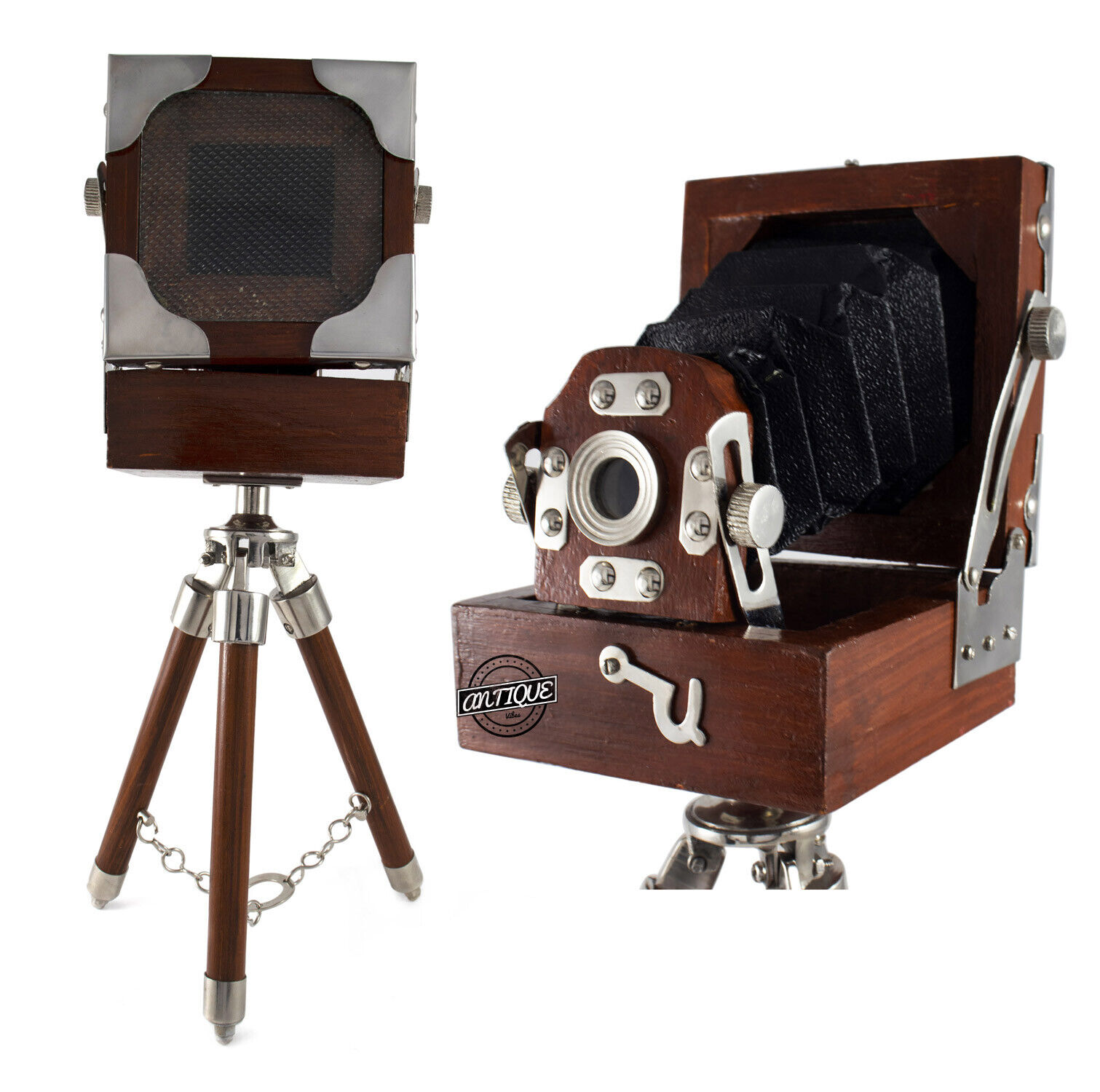 Vintage Old Film Camera with Wooden Tripod Stand Antique Style Tabletop Décor Ne