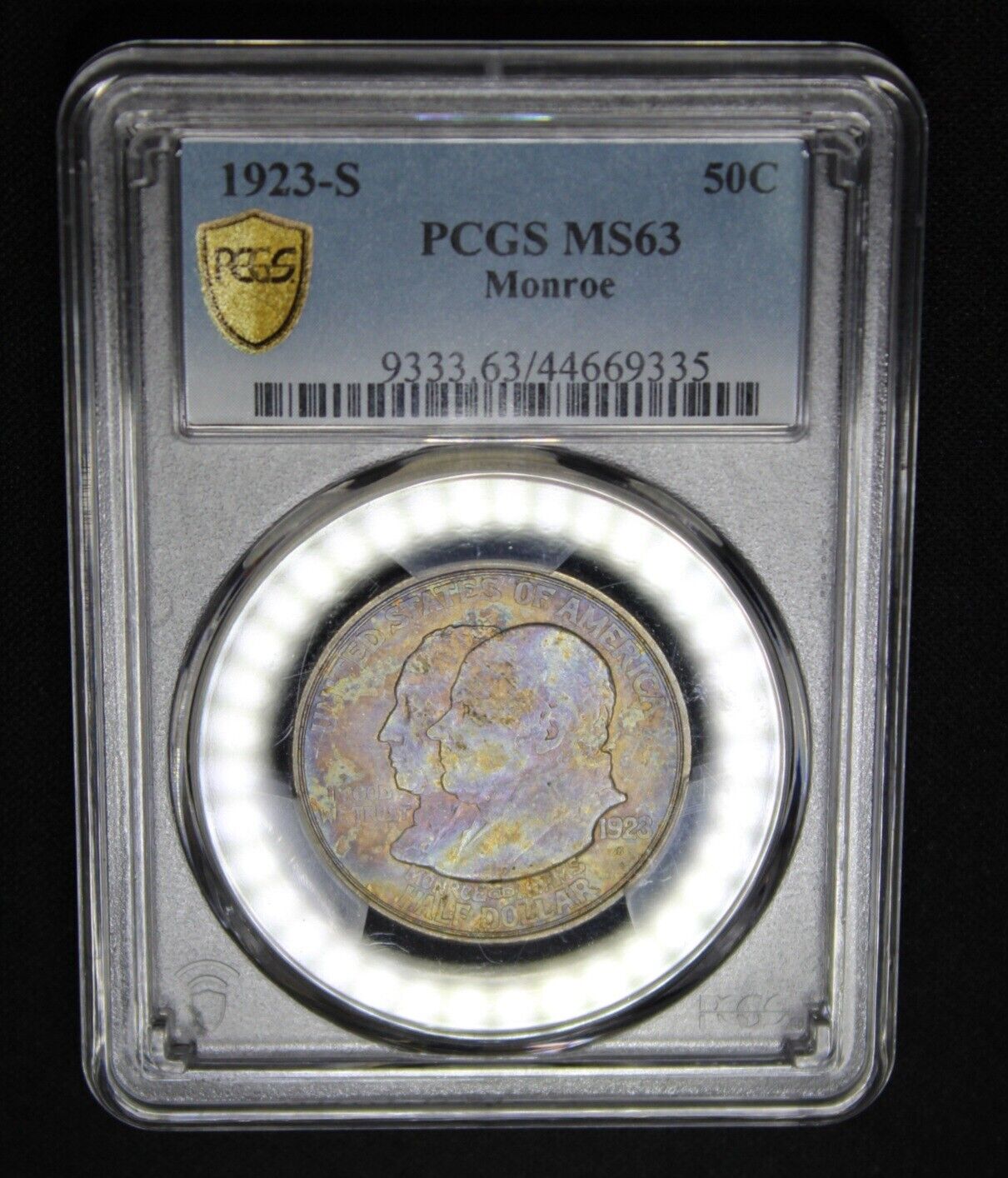 🌈 1923 S Monroe Silver Half Dollar PCGS Graded MS63 Rainbow Color Toned Coin 