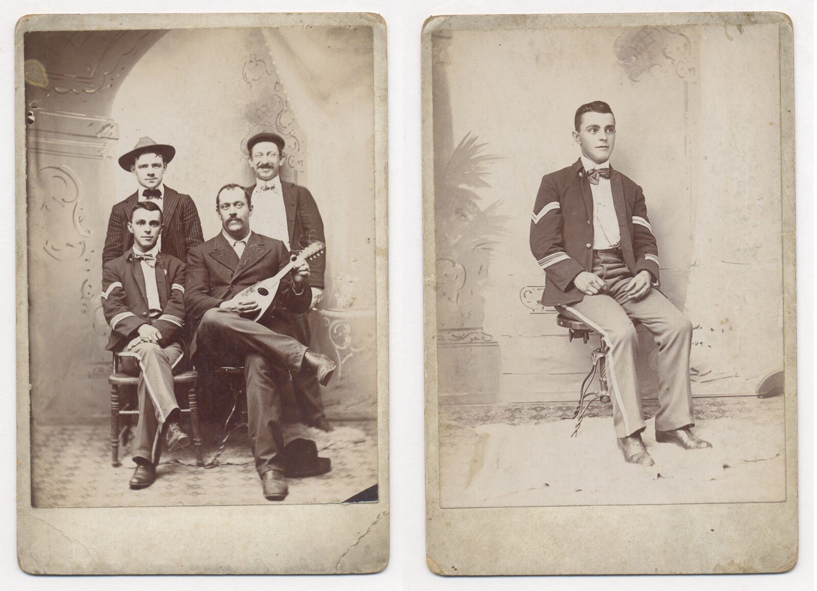 2 Cabinet Photos: Man w/MANDOLIN in 1, SOLDIER in both, 1870's-80's Poss. KANSAS