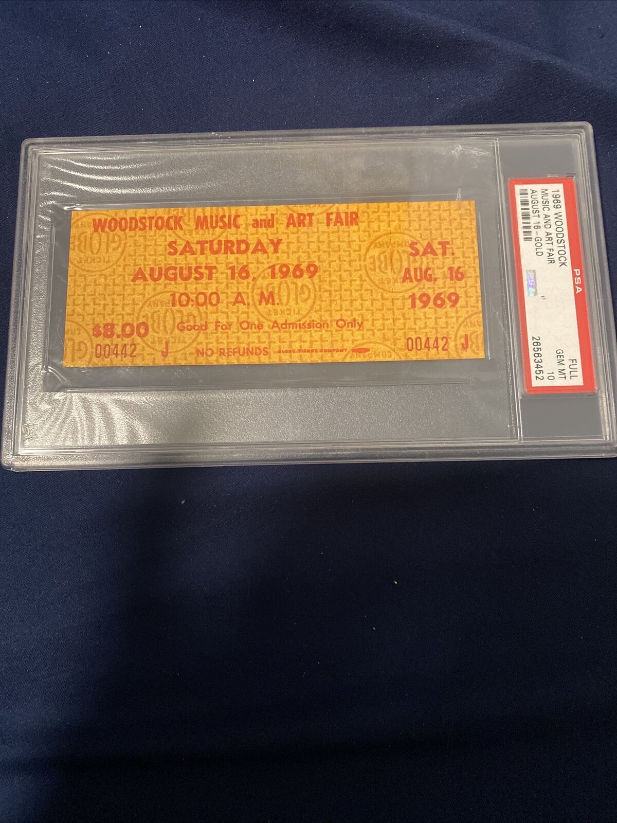Woodstock Music And Arts Fair Ticket PSA 10 August 16 1969 Mint Ticket #00442