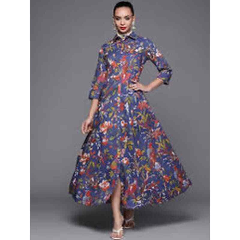 BIBA Women\'s Size 34 Blue Flared Floral Cotton Maxi Kurta Dress