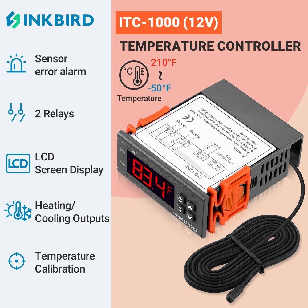 Inkbird ITC-1000 12V 10A Temperature Controller ON/OFF Thermostat Heat Cool US