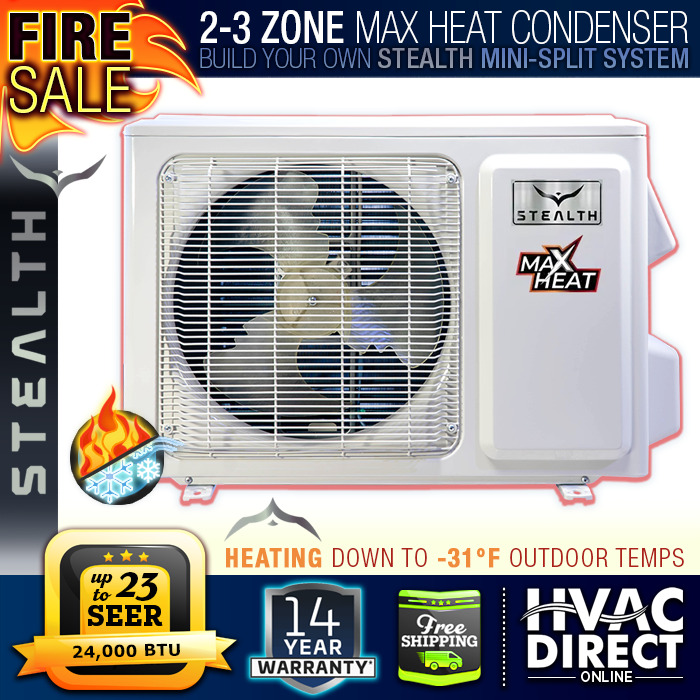 24K BTU 23 SEER 2-3 Zone Stealth AC Cooling & MAX Heat Pump Mini-Split Condenser