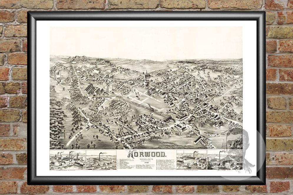 Old Map of Norwood, MA from 1882 - Vintage Massachusetts Art, Historic Decor