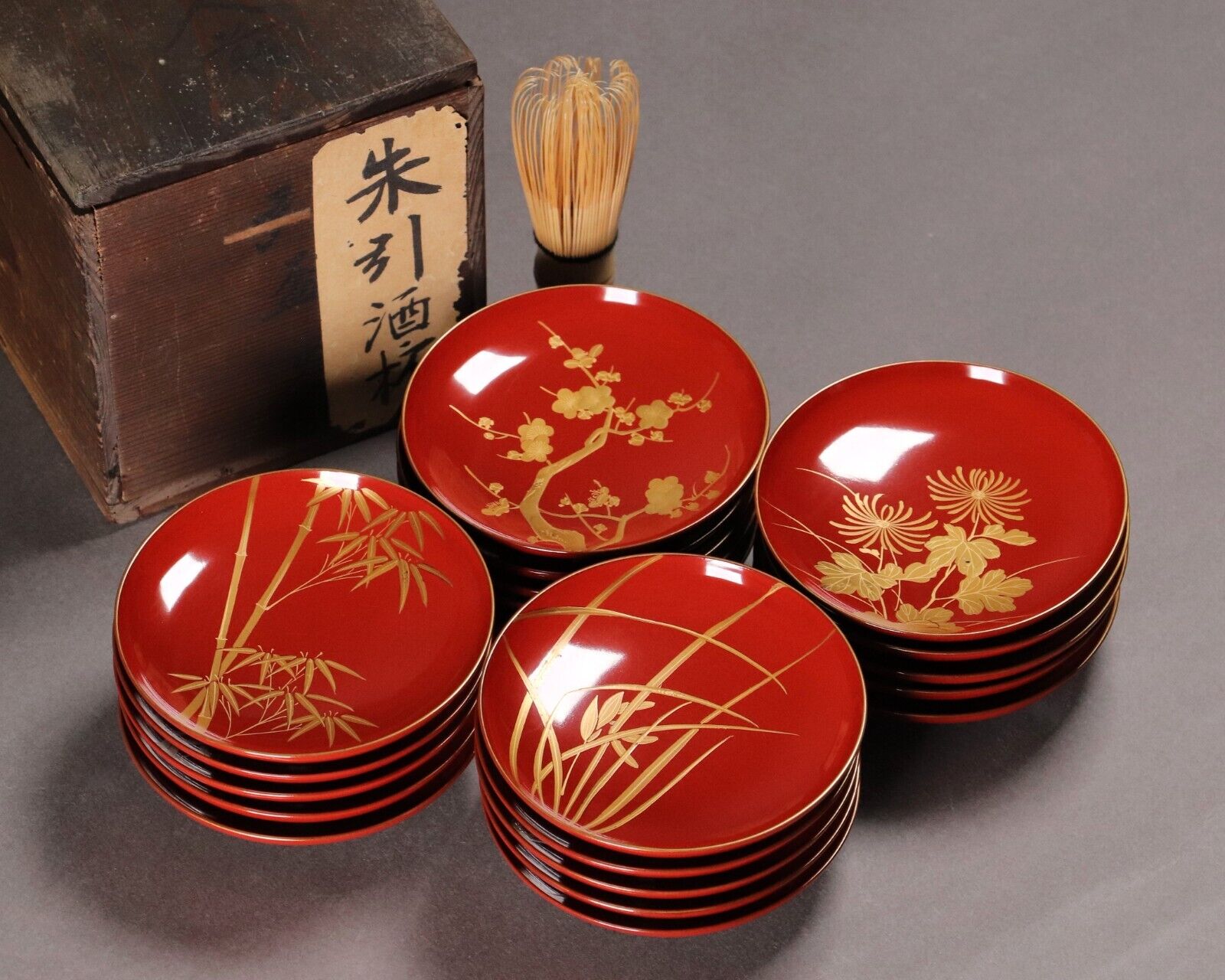 Old Japanese Lacquerware Wooden Sake Plates Cups 10pcs 4.29inch Bunsei Era 19th