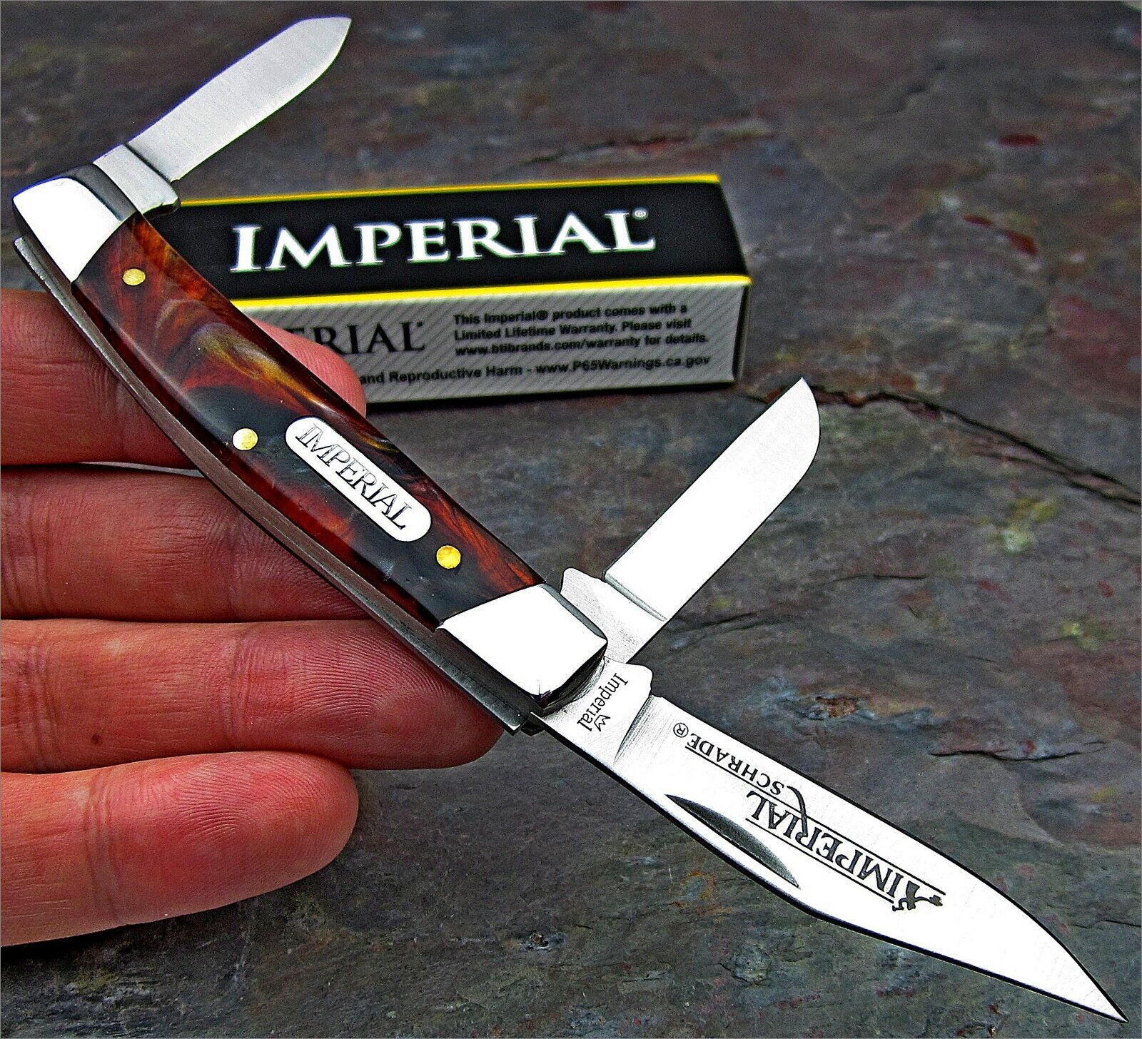 Schrade Imperial Amber Swirl Celluloid 3 Blade Medium Stockman Folding Knife