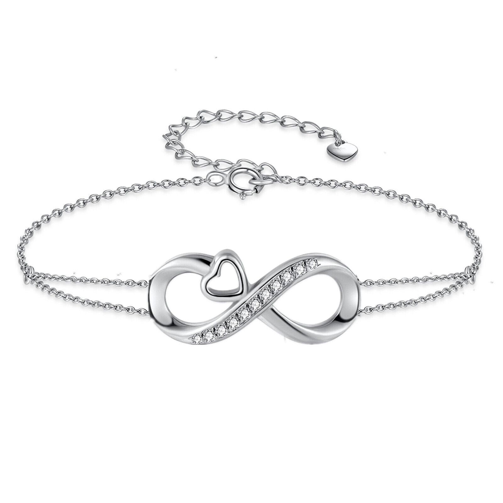 Real 925 Sterling Silver Adjustable Bracelet Infinity Heart Gifts for Her Him