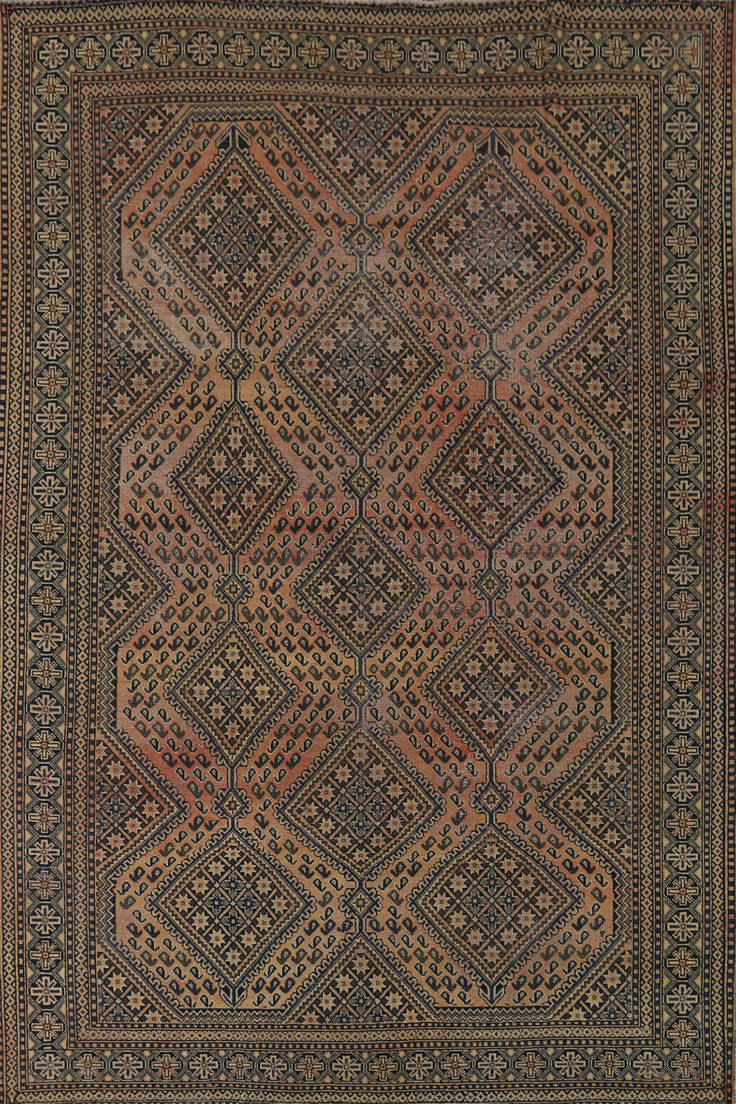 Vintage Distressed Bakhtiari Geometric Rust Wool Hand-knotted Area Rug 7x10